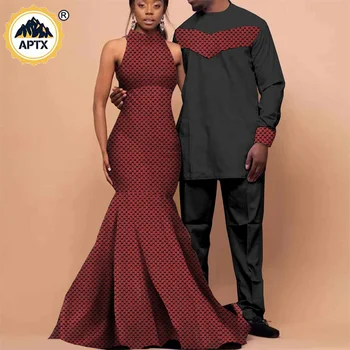 Africana de Impressão Vestidos para Mulheres Correspondem Homens com Roupas de Cima e Conjuntos de Calças Bazin Africana Casais Roupa de Festa Casamento Vestido Y22C003