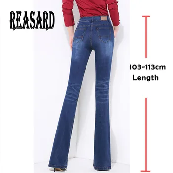 Extra Longo de Mulheres Primavera, Outono Boot Cut Jeans Meninas de Moda boca-de-Sino Business casual Queimado Calças de Cintura Alta