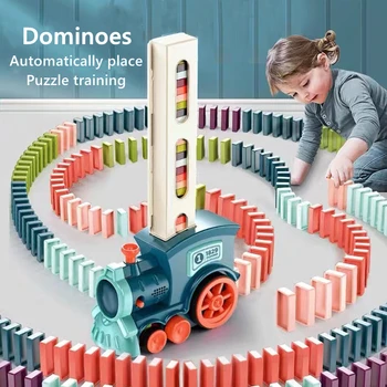New Kids Elétrica Domino vagão de Trem Conjunto de Som & Luz Automática Imposição de Dominó Blocos de Tijolo Jogo Educativo DIY Brinquedo de Presente