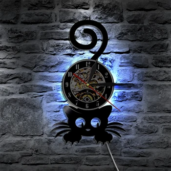 Crazy Cat Lady Relógio de Parede LED de Arte Retro Gato Preto Vintage disco de Vinil Relógio de Parede Café-Bar Decoração Home da Parede Gato de Estimação Amante