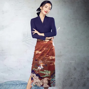 As Mulheres Chinesas Estilo Retrô Impressão Saia De Moda Marrom Qipao Vestido Elegante Senhora De Cintura Alta Cheongsam Hanfu Saias Roupas Orientais