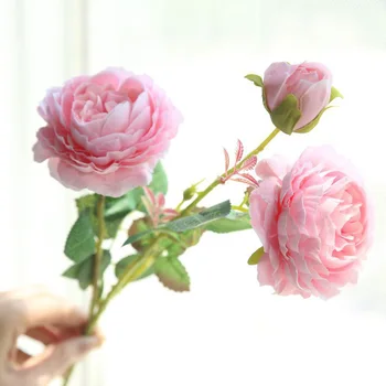 3 Cabeças de Rosa Europeu de Seda Artificial Peônia Flor para a Casa de Casamento Parede Decoração de Flor de flor Decoração para uma Festa de 1pcs
