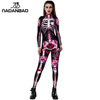 NADANBAO Nova Rosa Esqueleto Traje Macacão de Impressão 3D Assustador Trajes de Halloween Para as Mulheres Mecânica Crânio Bodysuit