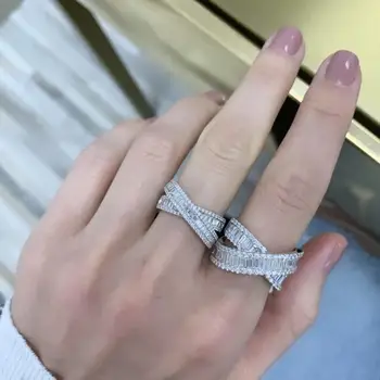 cor prata cz cruz anel de mulheres dedo jóias micro pave baguette rodada cz pavimentada de luxo faíscas anéis de noivado