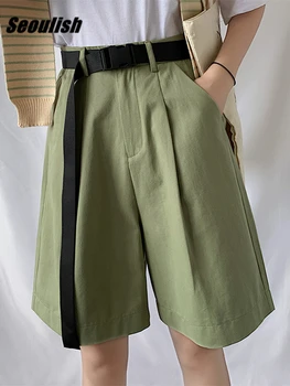 Seoulish Verão 2022 Novas Mulheres Casual Carga Meia Calça com cinto de Cintura Alta Chique Grande Perna de Calça Elegante Calças Soltas Bolso