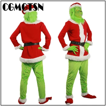 CGMGTSN Monstro Verde de Fantasia para o Adulto Natal das Crianças de Santa Trajes Com Máscara Peludos roupa de Papai noel Festa de Halloween Roupa