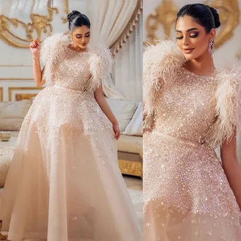 Luxo Cor-De-Rosa, Da Arábia Saudita, Pena Sequin Vestido Plissado Frisados De Cristal Vestido De Baile Zip Volta Formal Vestido De Festa Vestido De