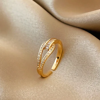 Moda Multa 14k Ouro Real Personalizado Desenho Geométrico Abertura de Anéis para as Mulheres Ajustáveis Design de Jóias de Alta Bling AAA Zircão