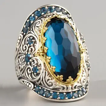 2019 Grande Pedra Azul Cristal de Zircão Anéis para Mulheres, Homens Punk Jóias Esculpidas Padrão de Junta de Instrução Anel Anillo Bague Masculino