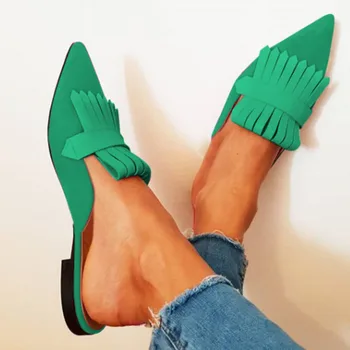 2022 Verão de Mulheres Chinelos de quarto Televisão Saltos Mulheres Sapatos Cor de Dedo Apontado Slides Mulas Sapatos Moda Grande Feminina Salto Baixo Sandálias