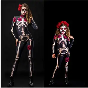 Traje De Halloween Rosa Caveira Collant Filhos Adultos Horror Traje De Halloween Dress Sexy De Uma Peça De Cosplay Fantasias De Carnaval