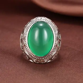 100% real calcedônia verde jade com um anel de prata 925 anéis de homens redimensionável anel de diamante anel marca a pedra natural jóias