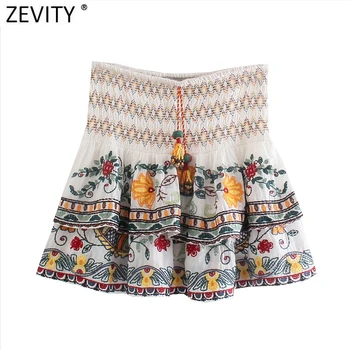 Zevity 2022 Mulheres do Vintage Bordado Floral Dupla Camada de Babados Mini-Saia Faldas Mujer Senhora Chic Elásticas Uma Linha de Vestido QUN902