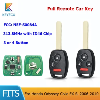 KEYECU Remoto Chave do Carro Fob 3/4 Botões 313.8 Mhz ID46 Chip FCC:N5F-S0084A para Honda Odyssey Civic EX Si 2006-2010