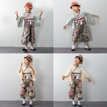 Crianças De Estilo Japonês Impresso Quimono Menino Retro Yukata Macacão Moda Infantil Hanfu Romper Macacão Ásia Oriental Roupas