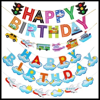 Transporte Feliz Aniversário Banner para Crianças, Festa de Aniversário, Decorações de Trem, Carro Navio Helicóptero BusTraffic Luz Adereços Foto