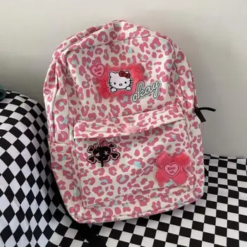 Original Y2K Hello Kitty Mochila Kawaii Sanrio Pink Leopard Impressão Saco de desenhos animados Zíper Casual, Bolsa de Ombro Meninas de Presente de Aniversário