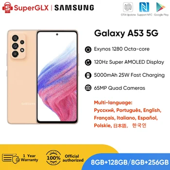 Original Samsung Galaxy A53 5G Smartphone Android Exynos 1280 Octa-core 120Hz Super AMOLED de 5000mAh 25W Rápido Carregar o Telefone Móvel