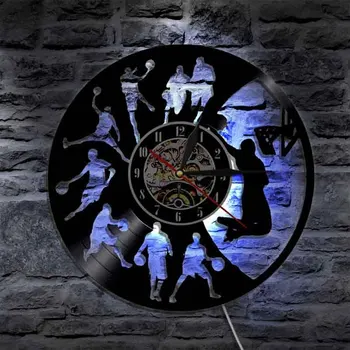 Disco de vinil Relógio de Parede com 7 Diferentes LED Mudança de Iluminação Decorativa Boys Sala de Basquete, Relógios de Parede, Relógio de Decoração de Casa
