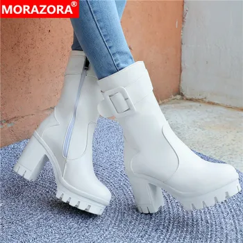 MORAZORA 2022 plus size 43 mulheres ankle boots dedo do pé redondo zip fivela botas de inverno de moda do salto alto sapatos de plataforma senhoras
