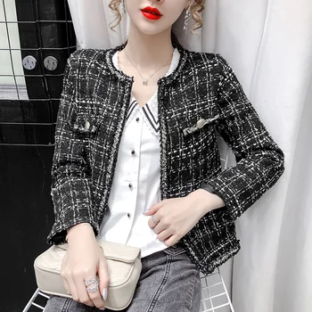 Pequeno Fragrância Clássico Casaco De Tweed 2021 Outono Inverno Nova Moda Das Mulheres De Tecido Xadrez De Lã Curto Outwear