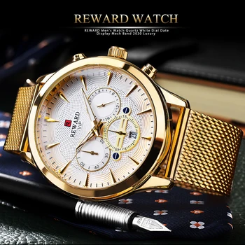 RECOMPENSA Relógio Masculino Nova Marca de Luxo do Cronógrafo Relógio de Homem ponteiros Luminosos de Relógio de Ouro de Aço Inoxidável, Pulseira de Relógio Masculino