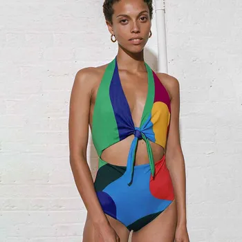 Colorido Halterneck Costura Maiô Profundo Em V Correias Oco Bikini Sexy Cintura Alta Slim Beachwear Sem Encosto Swimwear Moda 2022