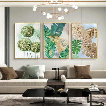 Abstrata de Folhas Verdes Pintura a Óleo Impresso Hortênsia de Ouro Flores de Lona Cartazes de Arte de Parede para Sala de estar, Varanda Decoração de Parede