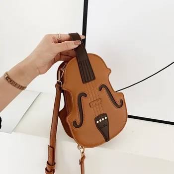 Forma de violino do Couro do PLUTÔNIO Pequenas Mochilas Para as Mulheres Criativas Violino Feminino Saco Crossbody linha de Costura de Moda feminina Bolsa de Ombro