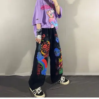 Preto Gótico Graffiti Verão De Calças De Harajuku Punk Calças Japão Solta Outono Calças Moda Engraçado Reta Hip Hop Calças Para Mulheres