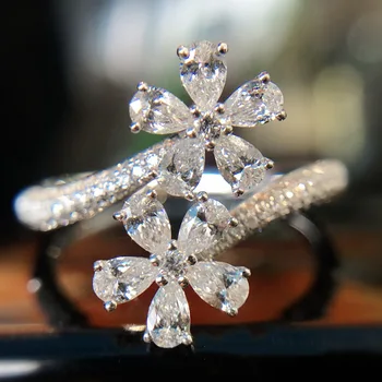 QTD Cor de Prata Anel Feminino da Flor Queda de Anéis de Cristal, Redimensionável CZ Dedo o Anel de Casamento Noivado Presente da Jóia