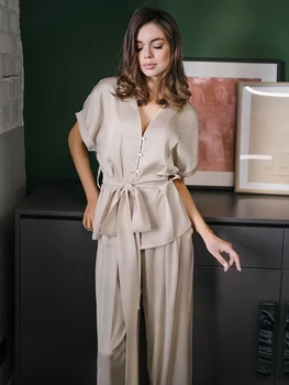 Hiloc V-Pescoço Pijamas Sexy Baixo Corte de Mulheres de Dormir Com Cinto de Cetim Sólido Casa Terno de Perna Larga, Calças de Pijama Conjuntos de 2022 Homewear
