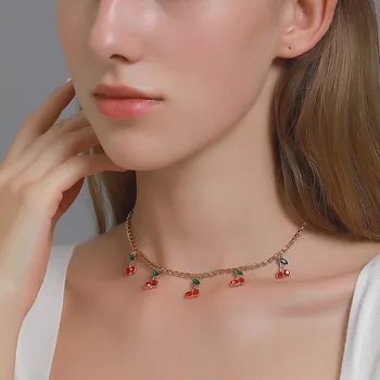 Cristal cherry colar de folha verde cereja fruto pendente colares para as mulheres colar de borla hip hop atacado jóias gargantilha