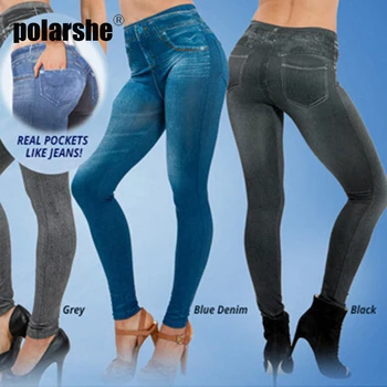 S-5Xl Mulheres Magros Leggings Forrado de Pelúcia Inverno Falso calças Jeans, Calças de Bolsos de Moda de Bolso Impressão de Lápis de Cintura Alta, Calças de