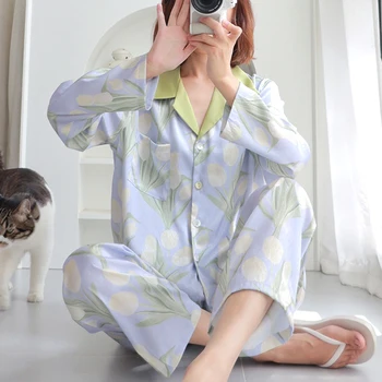 Pijama de seda feminina Manga Longa, Calças de Duas peças de Gelo Pijama de Seda Moda de Seda Senhoras Solto e Casual de Luxo Senhoras Homewear