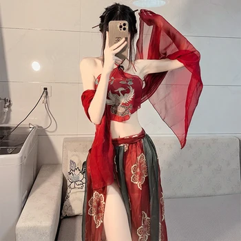Chinês Vermelho Sexy Hanfu Avental de Mulheres Puro Desejo de Lingerie Suspender a Saia do Uniforme Quente Xale Tentação Pijama Saia Bandage Conjunto