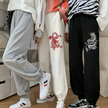 Harajuku Dragão Printe Corredores De Moletom Mulheres Calças De Cintura Alta Calça De Streetwear Coreano Moda De Lã Casual Femme Queda 2021