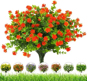 Flores artificiais Exterior 8 Feixes Resistente UV Falso Flores de Plástico Flor Faux Verdura, Arbustos, Plantas para Decoração Exterior