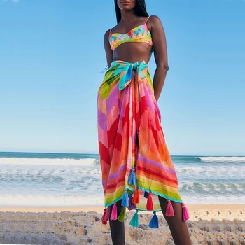 Moda Vintage Arco-Íris Colorblock Moda Praia Biquini De Franjas Conjunto Férias De Praia Designer Vestido De Roupa De Praia Verão De Surf Wear