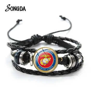 Vintage United States Marine Corps Pulseira EUA Departamento da Marinha Símbolo de Vidro Redondo Emblema Bracelete de Couro Mens Pulseira