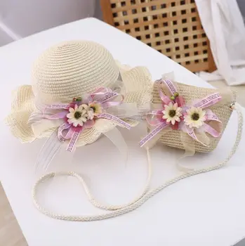 Hotsale de verão de duas peças de um conjunto de filho bonito daisy floral bolsa a tiracolo e sombrero de palha menina do sol chapéu panamá cap gorros