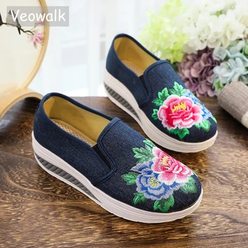 Veowalk Algodão Bordado Floral Moda feminina Tela Plana de Plataformas de Deslizamento Senhoras Casual Conforto Loafer Sapatos Zapatos Mujer