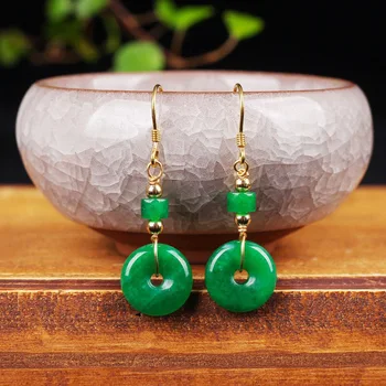 Verde Jade Donut Brincos para Mulheres de Pedra Jadeite Vintage pedra preciosa Natural de Acessórios de Charme, 925 de Prata de Presente de Amuletos Jóias