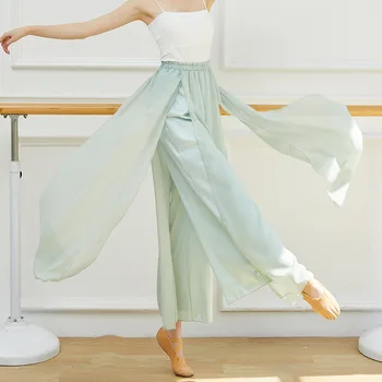 Popular chinesa de Dança Clássica Dança Calças para Mulheres Solta divisão Ampla Perna das Calças de 2 Camadas de Fadas Corpo Rima de Roupa do Lado de Divisão