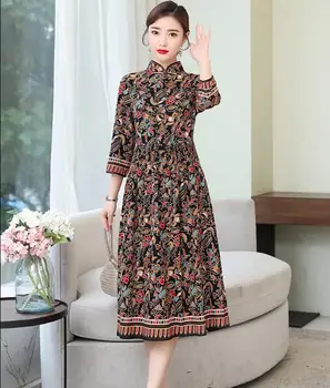 Sudeste Da Ásia Estilo Cheongsam Singapura Étnica Vestido Das Mulheres Primavera De Impressão Vintage