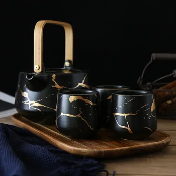 Marmoreio do Agregado familiar Conjunto de Chá Japonês-Estilo Preto-e-Branco de Cerâmica Tarde Xícara de Chá com Acacia Mangium da Base de dados de Suporte Bule de chá
