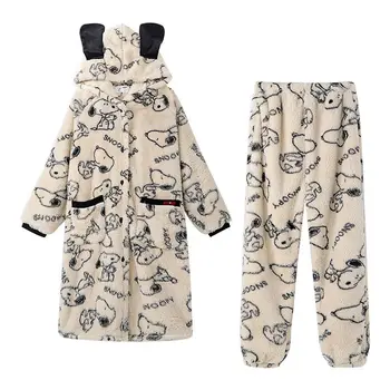 Novo Snoopy Pijama Kawaii Inverno Cartoon Coral De Veludo Com Capuz Pijama Bonito Meninas Home Quente Pijama Conjunto Par De Presente