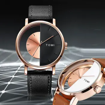 Luxo Metade Transparente Mulheres Homens Relógio De Moda, Design Exclusivo Em Couro Ouro Silve Relógios De Quartzo Casual Casal Relógio De Pulso Relógio
