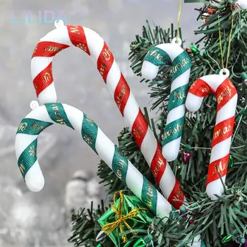 6pcs Doce de Cana-de-Árvore de Natal Pingentes de Cana-de-Decoração Vermelho Plástico Verde Muleta de Natal Enfeites de Decoração de Casa de Noel Presentes de Natal