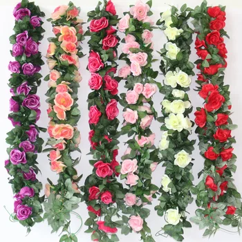 2,2 m de Seda Artificial Rosas Flores de Vime Cadeia de Trepadeira com Folhas Verdes Para a Casa de Casamento a Decoração do Jardim de Pendurar a Guirlanda de Parede